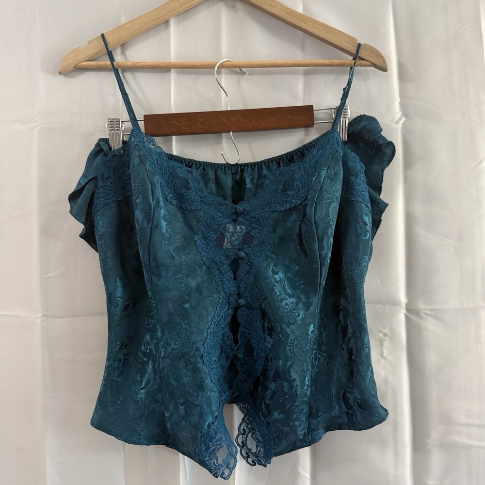 Vtg Victorias Secret Gold Label Green Satin Button Up 2 Pc Set Sexy Lingerie S**